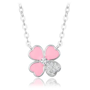 MINET Stříbrný náhrdelník růžová kytička s bílým zirkonem