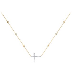 MINET Zlatý náhrdelník křížek s bílými zirkony a kuličkami Au 585/1000 3,90g