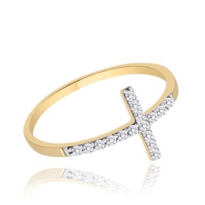 MINET Zlatý prsten křížek s bílými zirkony Au 585/1000 vel. 56 – 1,05g