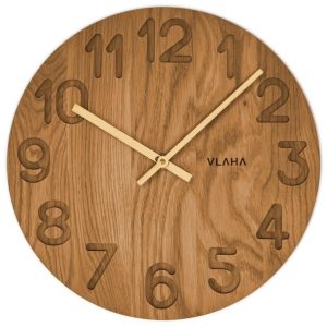 VLAHA Dřevěné hodiny OAK vyrobené v Čechách se zlatými ručkami ⌀34cm
