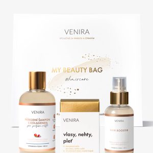 VENIRA beauty bag, dárková sada pro podporu růstu vlasů – kapsle pro vlasy 80 kapslí, šampon s kolagenem pro podporu růstu 300 ml, hair booster 100 ml