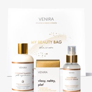 VENIRA beauty bag, dárková sada proti vypadávání vlasů – kapsle pro vlasy 80 kapslí, šampon proti vypadávání 300 ml, zahušťující vlasové sérum 100 ml