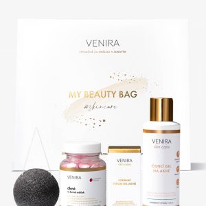 VENIRA beauty bag, dárková sada pro boj proti akné – srdíčka proti akné, čisticí gel na akné, lokální sérum na akné, konjaková houbička