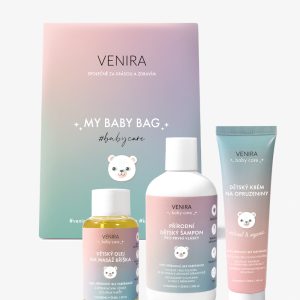 VENIRA beauty bag, dárková sada – dětský šampon pro první vlásky 300 ml, dětský krém na opruzeniny 100 ml, dětský olej na masáž bříška 50 ml