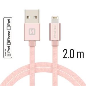 SWISSTEN datový kabel USB/Lightning, textilní oplet, MFi, 2 m Barva kabelu: Růžovo-zlatá