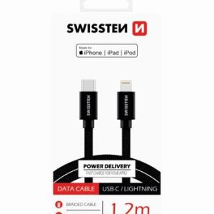 SWISSTEN datový a nabíjecí kabel s textilním opletem, USB-C/Lightning, délka1,2 m, certifikace MFi Barva kabelu: Černá