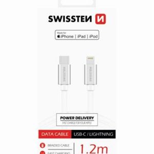 SWISSTEN datový a nabíjecí kabel s textilním opletem, USB-C/Lightning, délka1,2 m, certifikace MFi Barva kabelu: Stříbrná