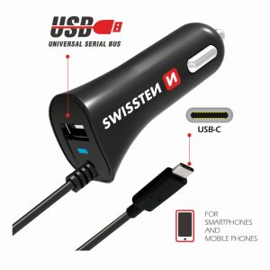 SWISSTEN CL autonabíječka, USB-C a USB, 2,4 A, černá