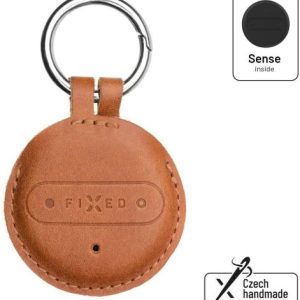 FIXED Sense Smart tracker s hnědým koženým pouzdrem a karabinou