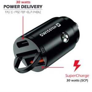 SWISSTEN NANO nabíječka do auta s Power Delivery USB-C + SuperCharge 3.0 30 W Barva: Černá