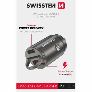 SWISSTEN NANO nabíječka do auta s Power Delivery USB-C + SuperCharge 3.0 30 W Barva: Stříbrná