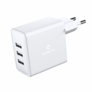 SWISSTEN cestovní síťová nabíječka, 3x USB-A, 3A, 15W, bílá