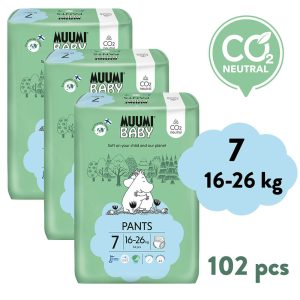 Muumi Baby Pants 7 XL 16-26 kg (102 ks), měsíční balení kalhotkových eko plen