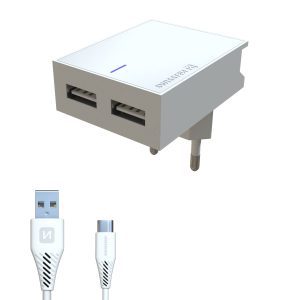 SWISSTEN SLIM cestovní síťová nabíječka 2xUSB, 3A + kabel USB/micro USB Barva: Bílá