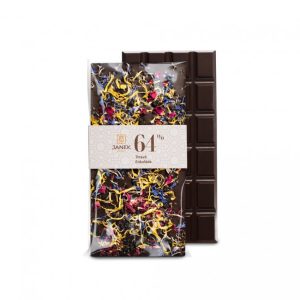 JANEK  Hořká čokoláda bylinková – měsíček, bez černý, chrpa, růže 85 g