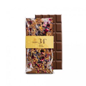 JANEK  Mléčná čokoláda bylinková – měsíček, bez černý, chrpa, růže 85 g