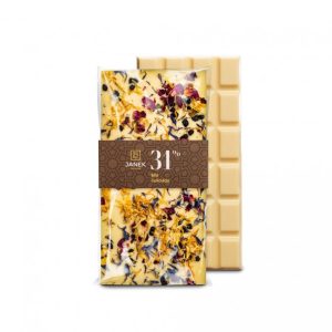 JANEK Bílá čokoláda bylinková – měsíček, bez černý, chrpa, růže 85 g