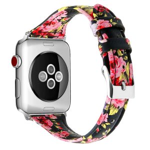 eses Kožený úzký řemínek pro Apple Watch – Květinový, černo růžový 38mm, 40mm, 41mm