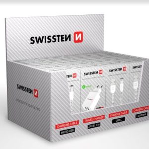 SWISSTEN prodejní set 4 produktů- 5x kabel micro USB, 5x kabel USB-C, 5x kabel Lightning, 5x nabíječka USB-A, v balení typu samoprodavač