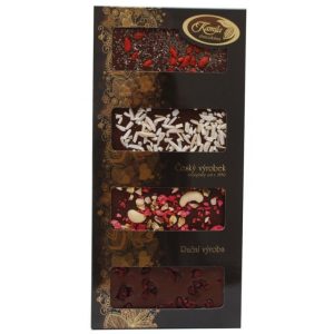 Kamila Chocolates Tabulky hořkých čokolád s posypem MIX 4x50g – tmavá krabička DMT 08/24