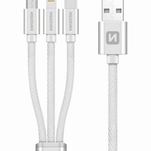 SWISSTEN datový kabel 3v1, MFi, 1,2 m, textilní, stříbrný