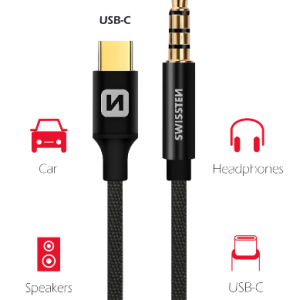 SWISSTEN audio adaptér USB-C/3,5 mm JACK (samec), textilní, 1,5 m, černý