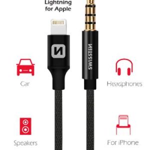 SWISSTEN audio adaptér Lightning/3,5 mm JACK (samec), textilní, 1,5 m, černý