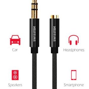 SWISSTEN audio adaptér 3,5 mm JACK samec/samice, textilní, 1,5 m, černý
