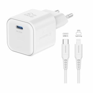 SWISSTEN Síťový adaptér GaN 1x USB-C 35W power delivery + datový kabel USB-C/lightning 1,2 m Barva: Bílá
