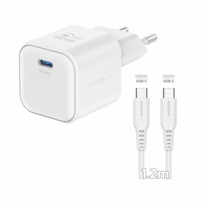 SWISSTEN Síťový adaptér GaN 1x USB-C 20W power delivery + datový kabel USB-C/USB-C 1,2 m Barva: Bílá