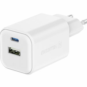 SWISSTEN Síťový adaptér GaN 1x USB-C 45W PD a 1x USB-A 18W QC Barva: Bílá