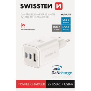 SWISSTEN Síťový adaptér GaN 2x USB-C 65W PD a 1x USB-A 18W QC Barva: Bílá
