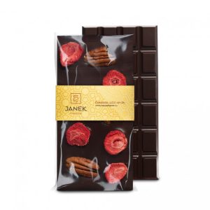 JANEK 64% Čokoláda tmavá s pekanovými ořechy a lyofilizovanými jahodami 95g