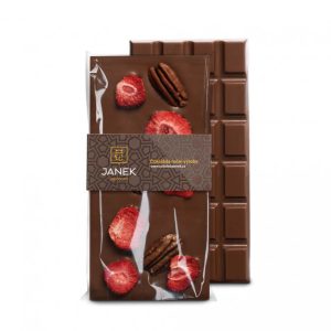 JANEK 34% Mléčná čokoláda s pekanovými ořechy a lyofilizovanou jahodou 95g