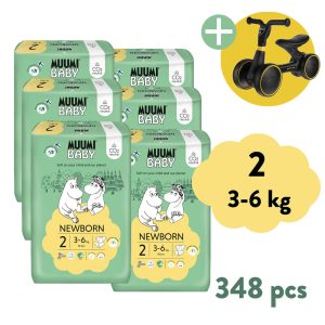 Muumi Baby 2 Newborn 3–6 kg (348 ks), 2měsíční balení eko plen + ZOPA Easy-Way Race odrážedlo ZDARMA