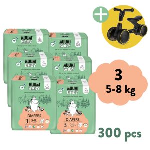Muumi Baby 3 Midi 5–8 kg (300 ks), 2měsíční balení eko plen + ZOPA Easy-Way Race odrážedlo ZDARMA