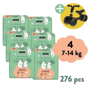 Muumi Baby 4 Maxi 7–14 kg (276 ks), 2měsíční balení eko plen + ZOPA Easy-Way Race odrážedlo ZDARMA