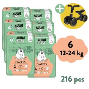 Muumi Baby 6 Junior 12–24 kg (216 ks), 2měsíční balení eko plen + ZOPA Easy-Way Race odrážedlo ZDARMA
