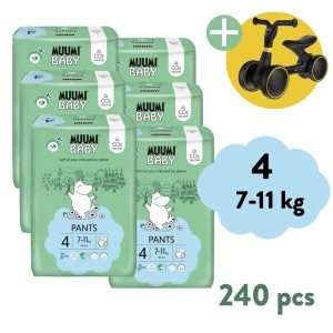 Muumi Baby Pants 4 Maxi 7-11 kg (240 ks), 2měsíční balení kalhotkových eko plen + ZOPA Easy-Way Race odrážedlo ZDARMA