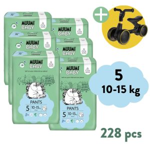 Muumi Baby Pants 5 Maxi+ 10-15 kg (228 ks), 2měsíční balení kalhotkových eko plen + ZOPA Easy-Way Race odrážedlo ZDARMA