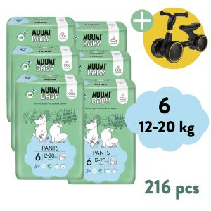 Muumi Baby Pants 6 Junior 12-20 kg (216 ks), 2měsíční balení kalhotkových eko plen + ZOPA Easy-Way Race odrážedlo ZDARMA