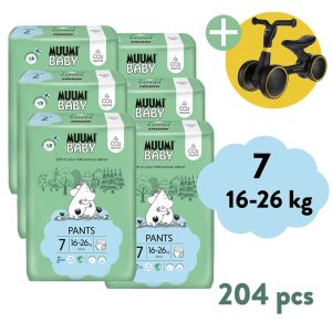 Muumi Baby Pants 7 XL 16-26 kg (204 ks), 2měsíční balení kalhotkových eko plen + ZOPA Easy-Way Race odrážedlo ZDARMA
